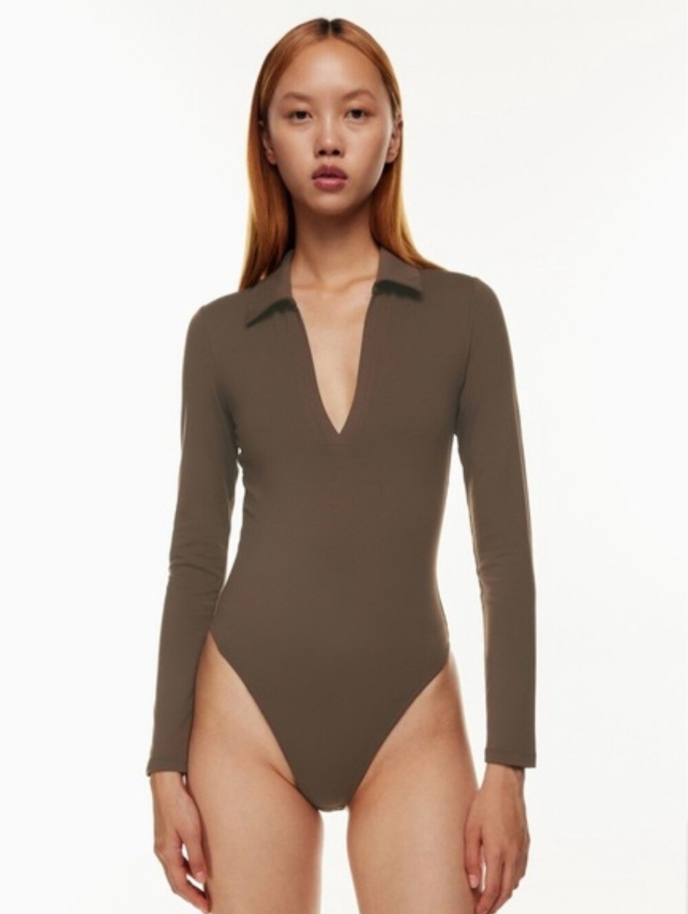 $58 NWT! Aritzia Babaton Contour Polo Bodysuit Rich Mocha Brown Size XS